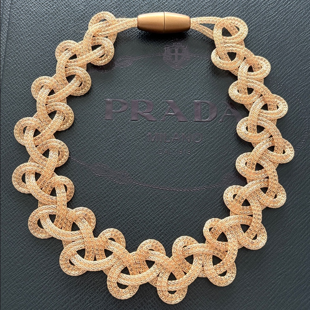 MATERIA DESIGN Gold Tone Mesh Statement Necklace with a Strong Magnetic Clasp.